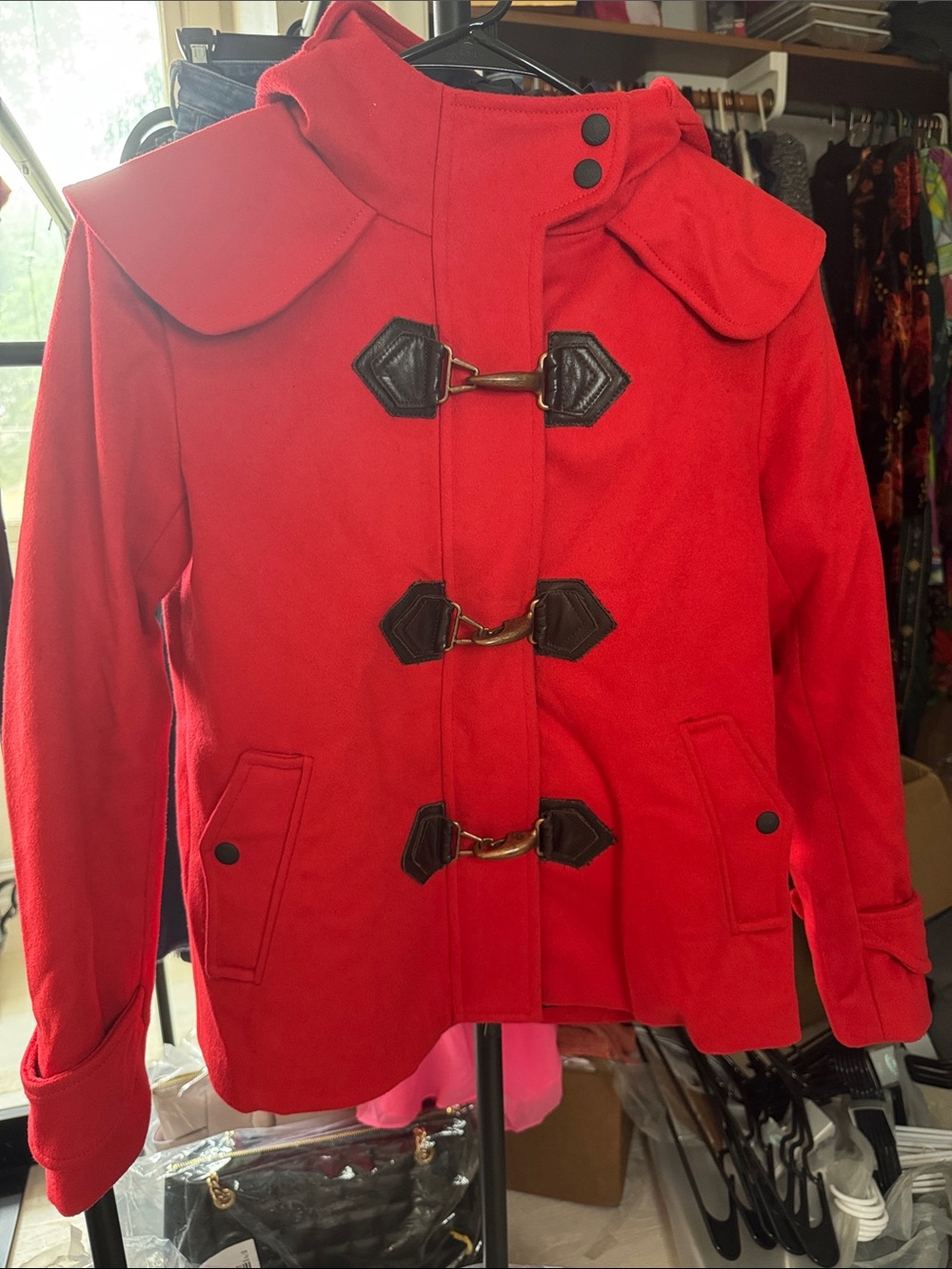rag & bone Red Wool Coat with Metal Clasps and Leather